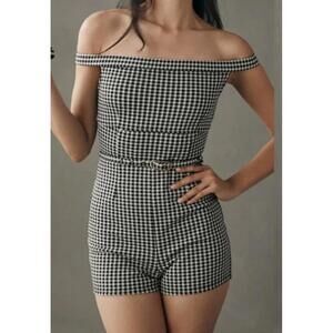 NWT Anthropologie Maeve Black and White Gingham Off-Shoulder Romper New 6